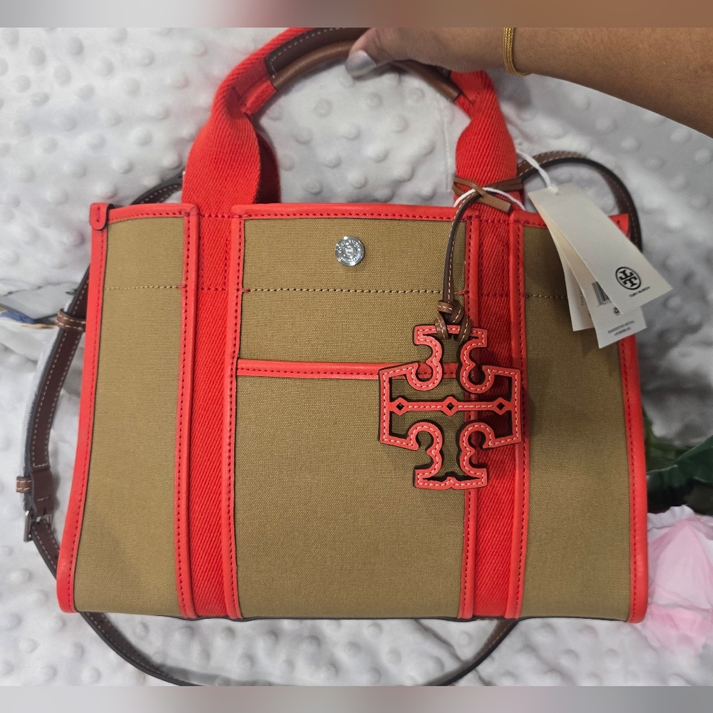 Tory Burch Twirll Tory In Tan and Orange Tote Bag